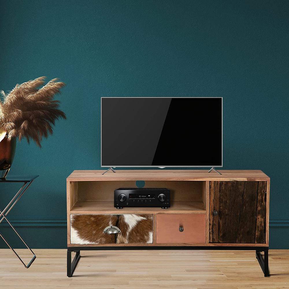 TV Lowboard mit zwei Schubladen 100x50x40 cm aus Akazien- und Schwellenholz mit Metallbeine WOMO-Design Bild 1