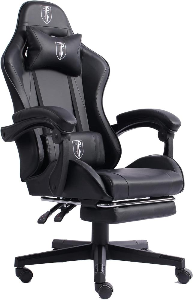 Gaming Chair im Racing-Design mit flexiblen gepolsterten Armlehnen - ergonomischer PC Gaming Stuhl in Lederoptik - Gaming Schreibtischstuhl mit ausziehbarer Fußstütze und extra Stützkissen Schwarz Bild 1