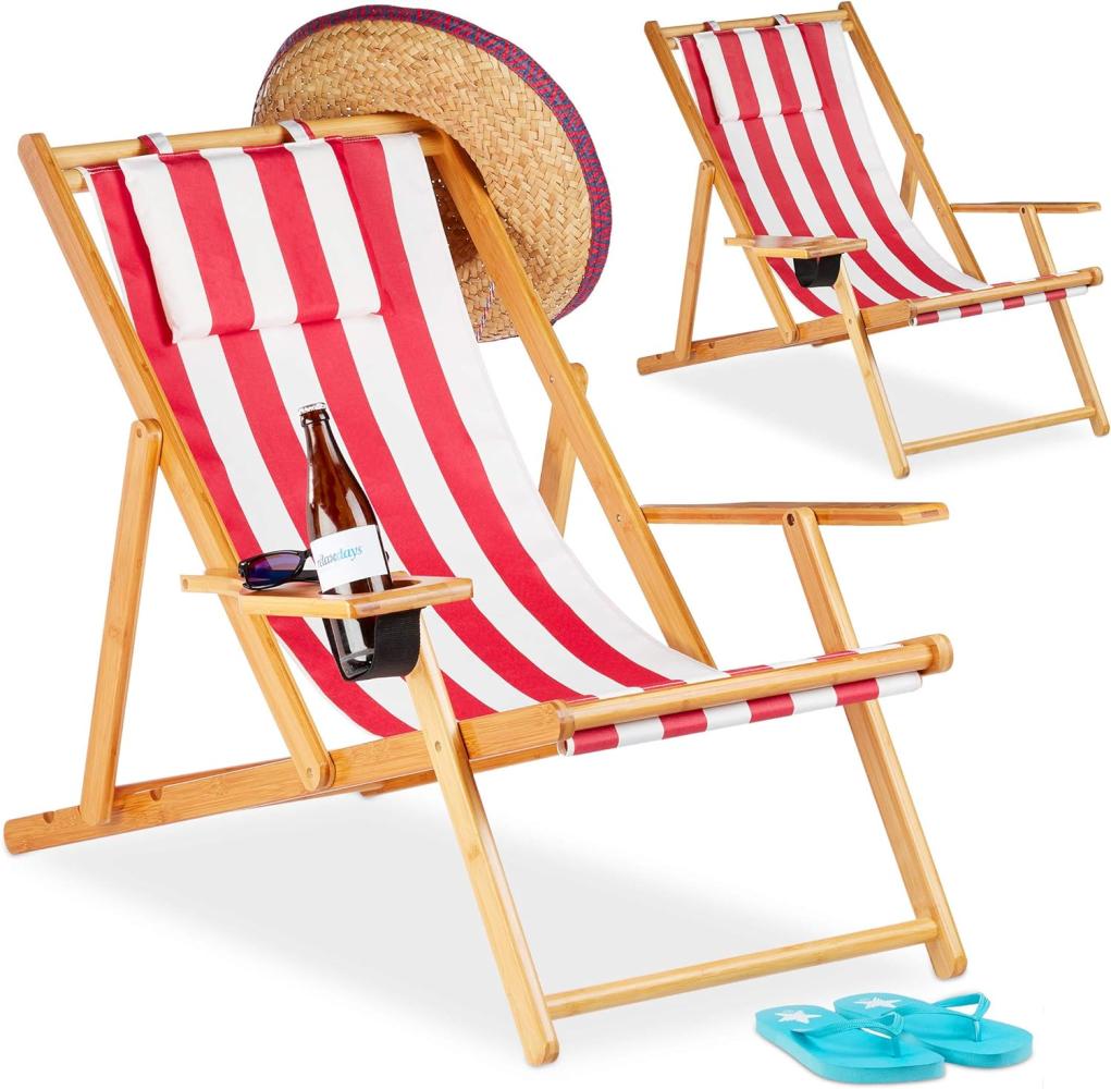 Relaxdays - Liegestuhl im 2er Set, Strandliegestuhl mit Getränkehalter Ø 10 cm, Bambus, für Balkon & Garten, klappbar, rot Bild 1