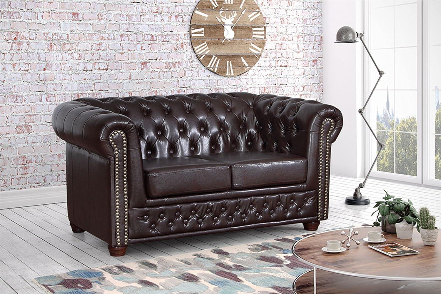 Edles Chesterfield Sofa 2 Sitzer in Kunstleder Vintage braun Couch Polstersofa Bild 1