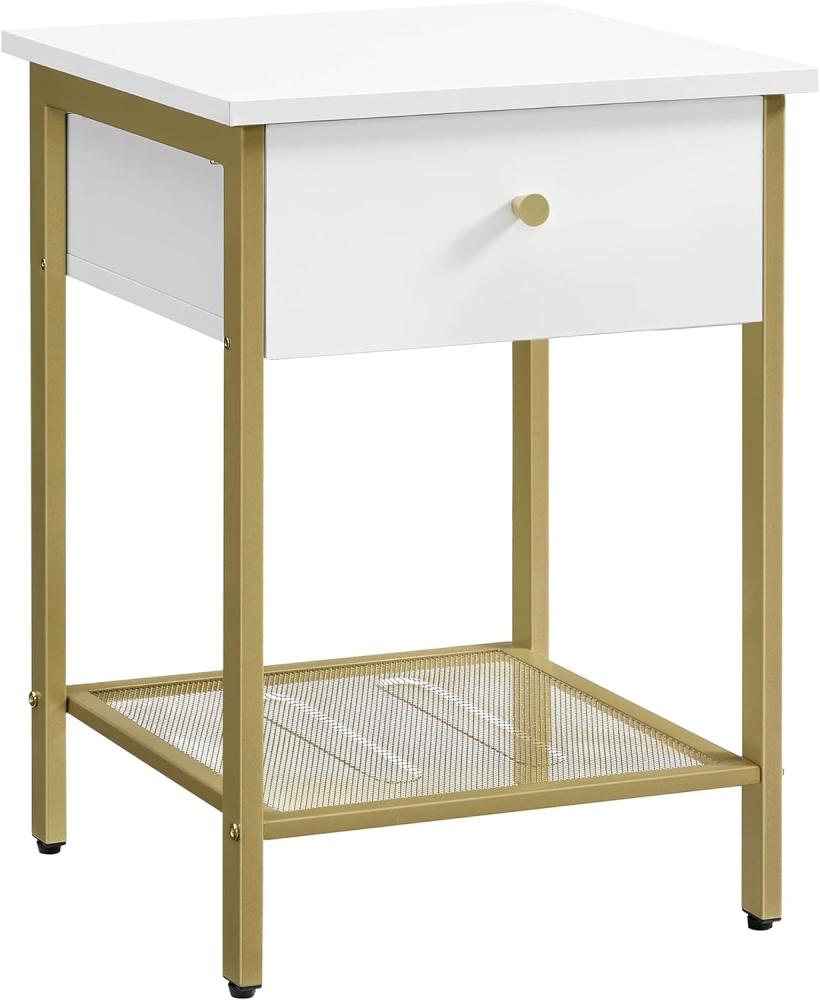 VASAGLE Nachttisch, Beistelltisch, mit Schublade und Gitterablage, für Schlafzimmer, Wohnzimmer, modern, weiß-goldfarben Bild 1