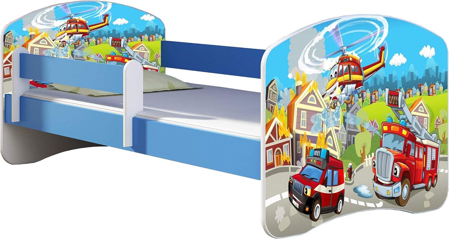 ACMA Kinderbett Jugendbett mit Einer Schublade und Matratze Blau mit Rausfallschutz Lattenrost II 140x70 160x80 180x80 (36 Feuerwehr, 140x70) Bild 1