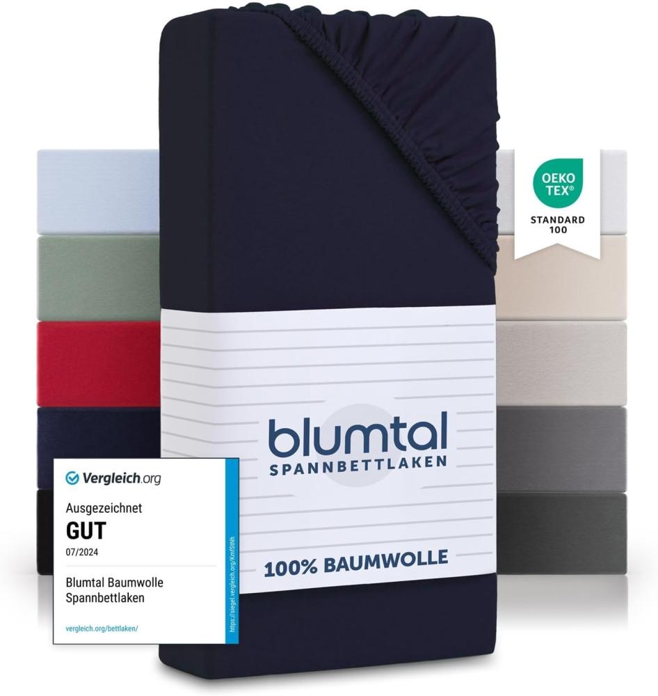 Blumtal® Basics Jersey Spannbettlaken 200x200cm -Oeko-TEX Zertifiziert, 100% Baumwolle Bettlaken, bis 7cm Topperhöhe, Dark Ocean Blue - Blau Bild 1