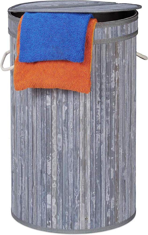 Relaxdays Wäschekorb Bambus, runder Wäschesammler mit Klappdeckel, 65 l, faltbare Wäschetonne, groß, rund Ø 40 cm, grau Bild 1