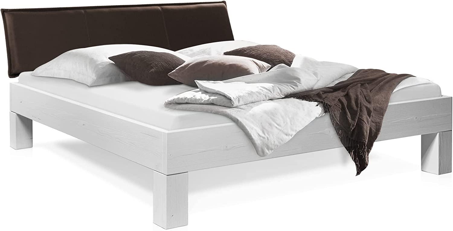 Möbel-Eins LUKY 4-Fuß-Bett mit Polster-Kopfteil, Material Massivholz, Fichte massiv weiss 200 x 220 cm Kunstleder Braun Bild 1