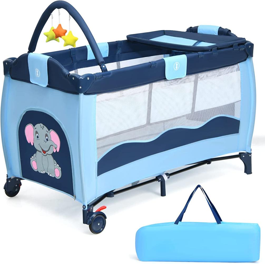 COSTWAY 3 in 1 klappbares Reisebett & Wickeltisch & Laufstall, Babybett bis 45kg belastbar, Kinderreisebett rollbar, inkl. Spielbogen, Wickelauflage und Tragetasche (Blau) Bild 1