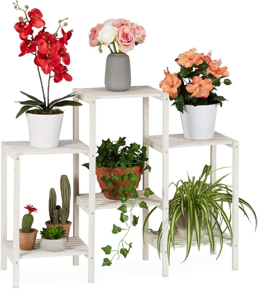 Relaxdays Blumenregal Holz, 6 Ablagen für Pflanzen, dekorative Blumentreppe für Indoor, stehend, 70 x 89 x 26,5 cm, weiß Bild 1