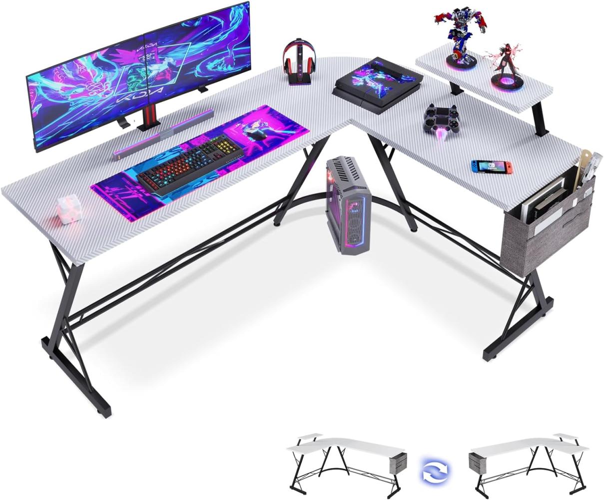 ODK Gaming Tisch, Computertisch, Gaming Schreibtisch mit runder Ecke, Gaming-Tisch mit Monitorablage (Kohlefaser Weiß, 167 x 120 cm) Bild 1