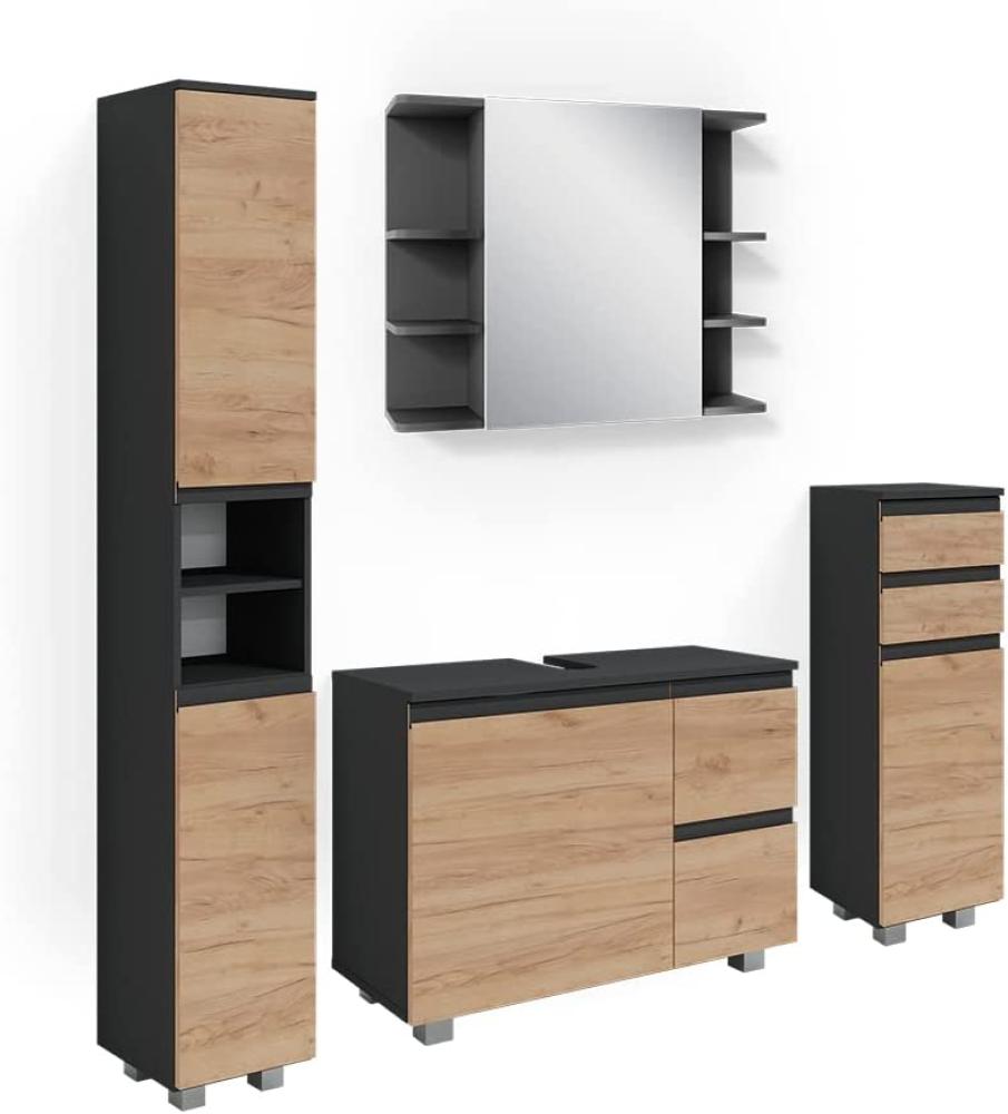 Vicco Badmöbelset J-shape Anthrazit Eiche modern Badezimmer Schrank Badschrank Waschtischunterschrank Spiegelschrank Midischrank Hochschrank Schranktür Schrankschublade Schrankfach Ablage Aufbewahrung Bild 1