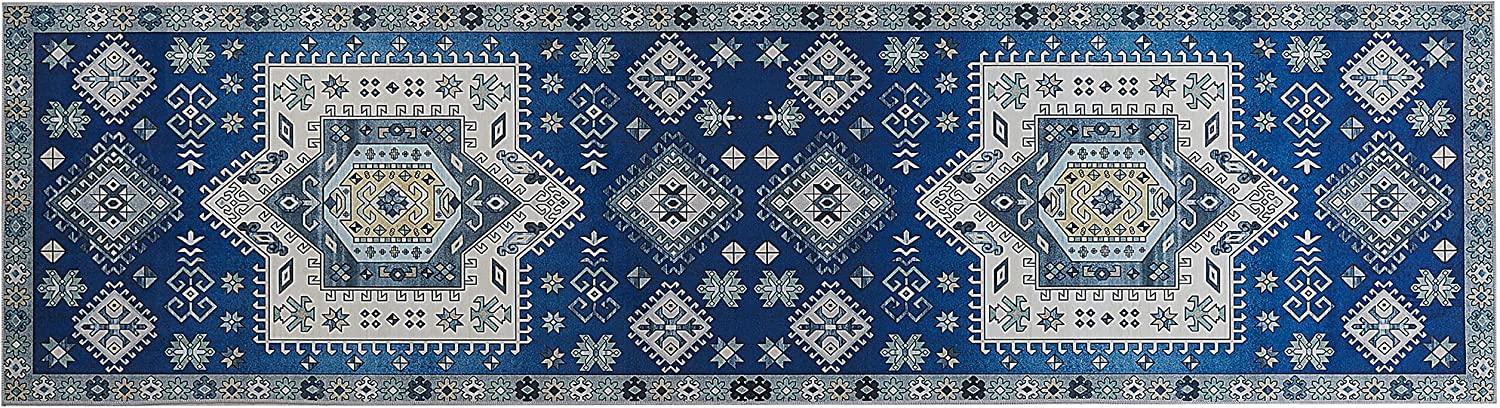 Teppich blau beige orientalisches Muster 80 x 300 cm Kurzflor PARVAKADLI Bild 1