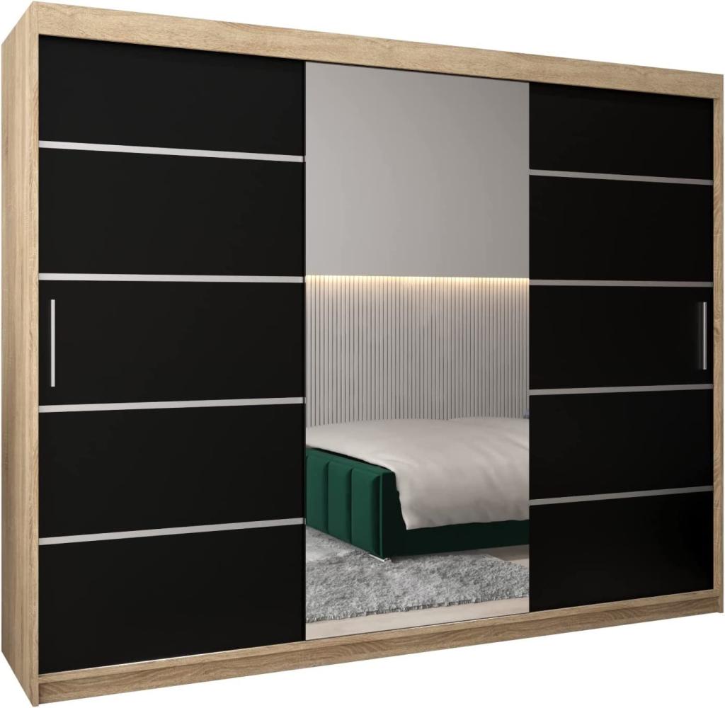 Schwebetürenschrank Verona 2-250cm mit Spiegel Kleiderschrank mit Kleiderstange und Einlegeboden Schlafzimmer- Wohnzimmerschrank Schiebetüren Modern Design (Sonoma + Schwarz) Bild 1