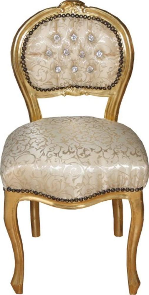 Casa Padrino Barock Damen Stuhl Creme Muster / Gold mit Bling Bling Glitzersteinen - Schminktisch Stuhl Bild 1