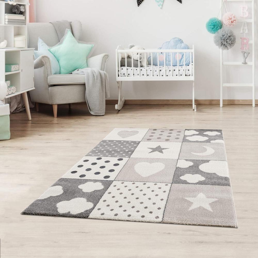 | Kinderteppiche Patchwork Herz Sterne Wolke | Kinderteppich für Mädchen und Jungs | Teppich für Kinderzimmer | Farbe: Blau, Grau & Rosa | Schadstofffrei Kinderzimmerteppich (Grau, 120 x 170 cm) Bild 1