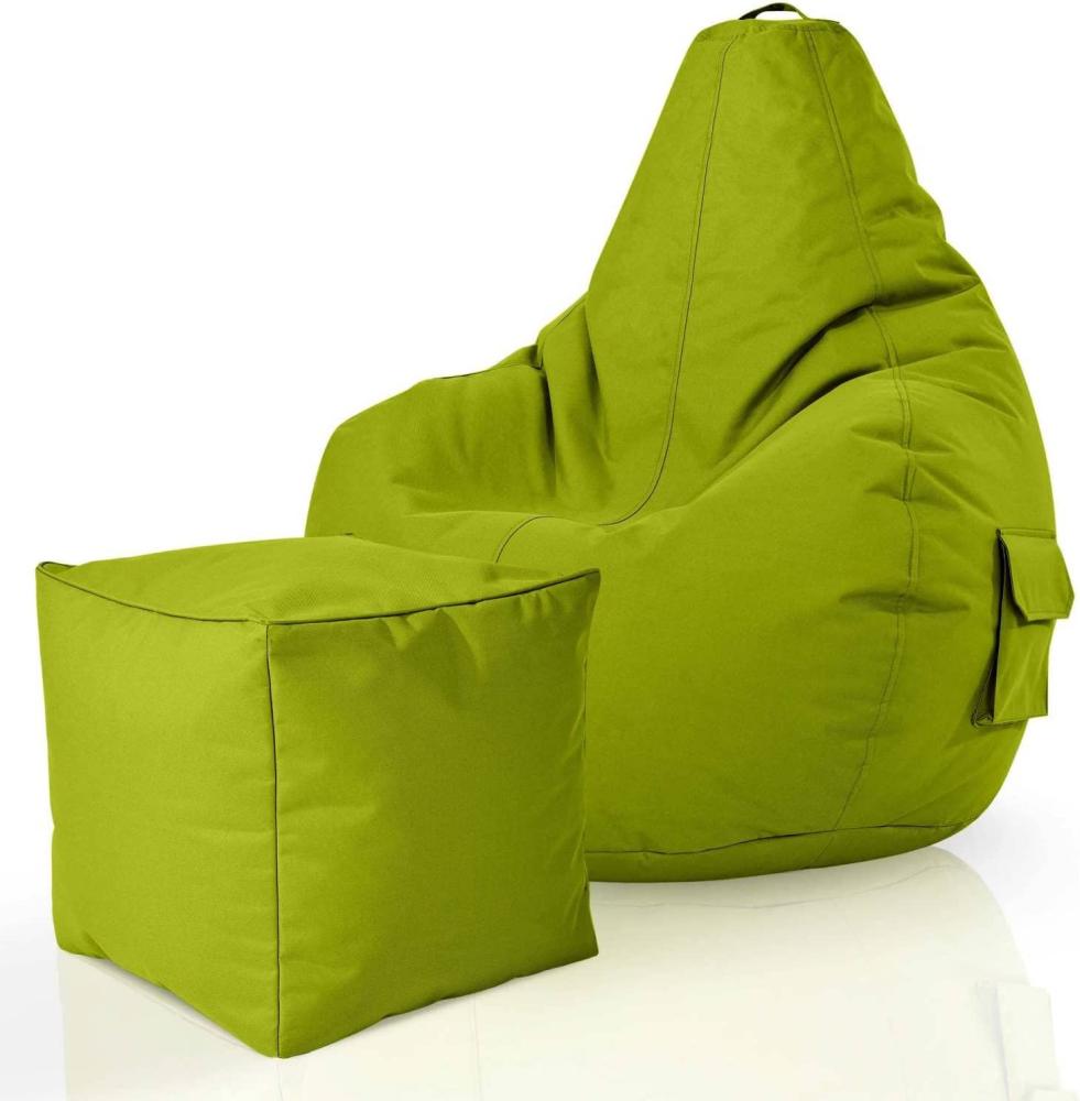 Green Bean© 2er Set Sitzsack + Hocker "Cozy+Cube" - fertig befüllt - Bean Bag Bodenkissen Lounge Sitzhocker Gamingstuhl Pouf - Grün Bild 1