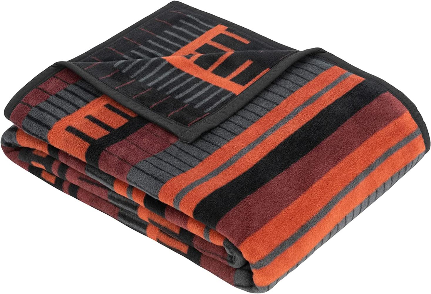 Ibena Berat Kuscheldecke 150x200 cm - gestreifte Decke dunkelrot orange, Pflegeleichte und kuschelweiche Baumwollmischung Bild 1