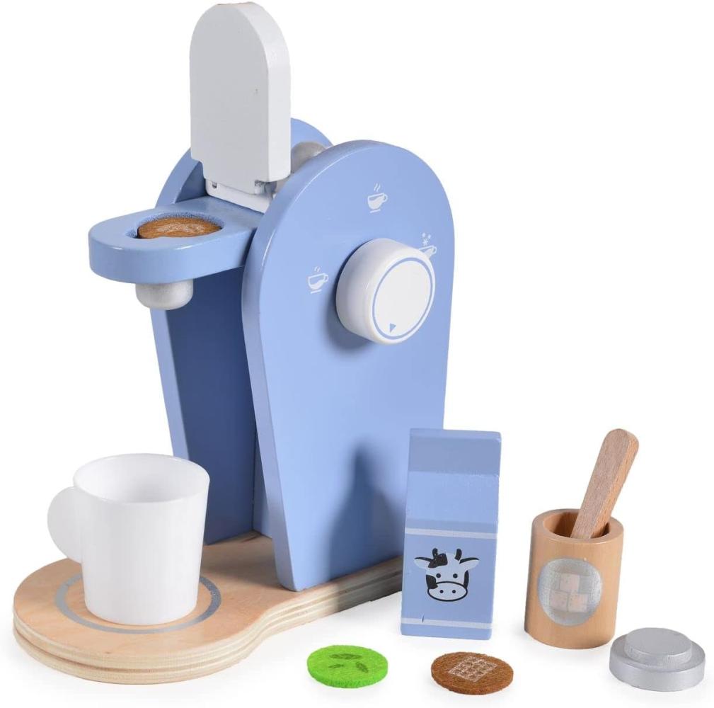 Moni Spielzeug Kaffeemaschine 4343 aus Holz, Tasse, Milchbeutel, Zuckerdose blau Bild 1