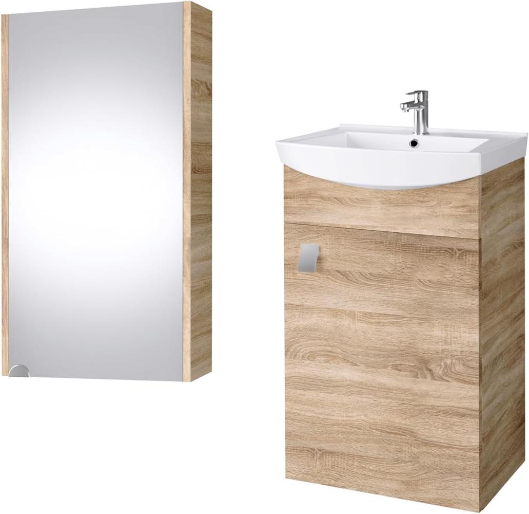 Planetmöbel Badmöbel Set aus Waschtisch + Waschbecken + Spiegelschrank, Gäste Bad WC, Farbe Sonoma Eiche Bild 1