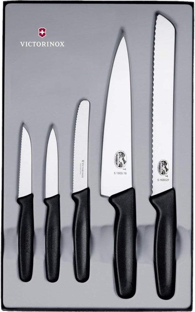 Victorinox 5-teiliges Küchenmesser-Set (Gemüsemesser, Tomaten- und Tafelmesser, Tranchiermesser, Brotmesser, Spülmaschinengeeignet) schwarz Bild 1