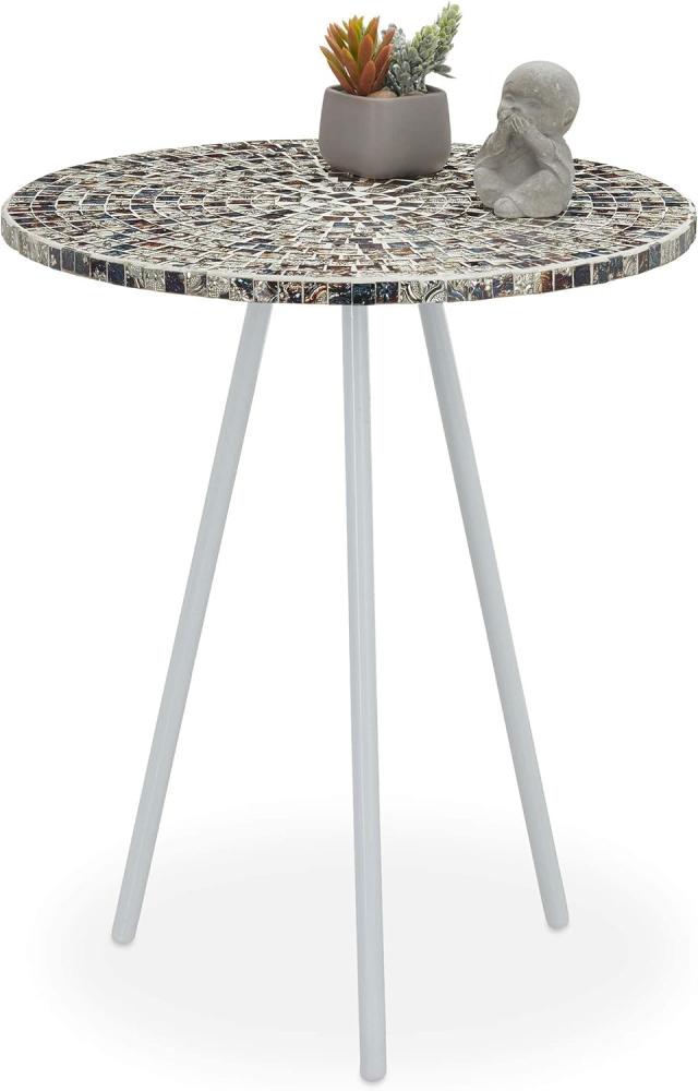 Relaxdays Beistelltisch Mosaik, runder Ziertisch, handgefertigtes Unikat, Mosaiktisch, HxD: 50 x 41 cm, weiß-Silber, 50,00 x 41,00 x 41,00cm Bild 1