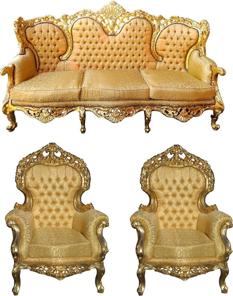 Casa Padrino Barock Wohnzimmer Set Versailles II Gold Muster / Antik Gold - 3er Sofa + 2 Sessel Bild 1