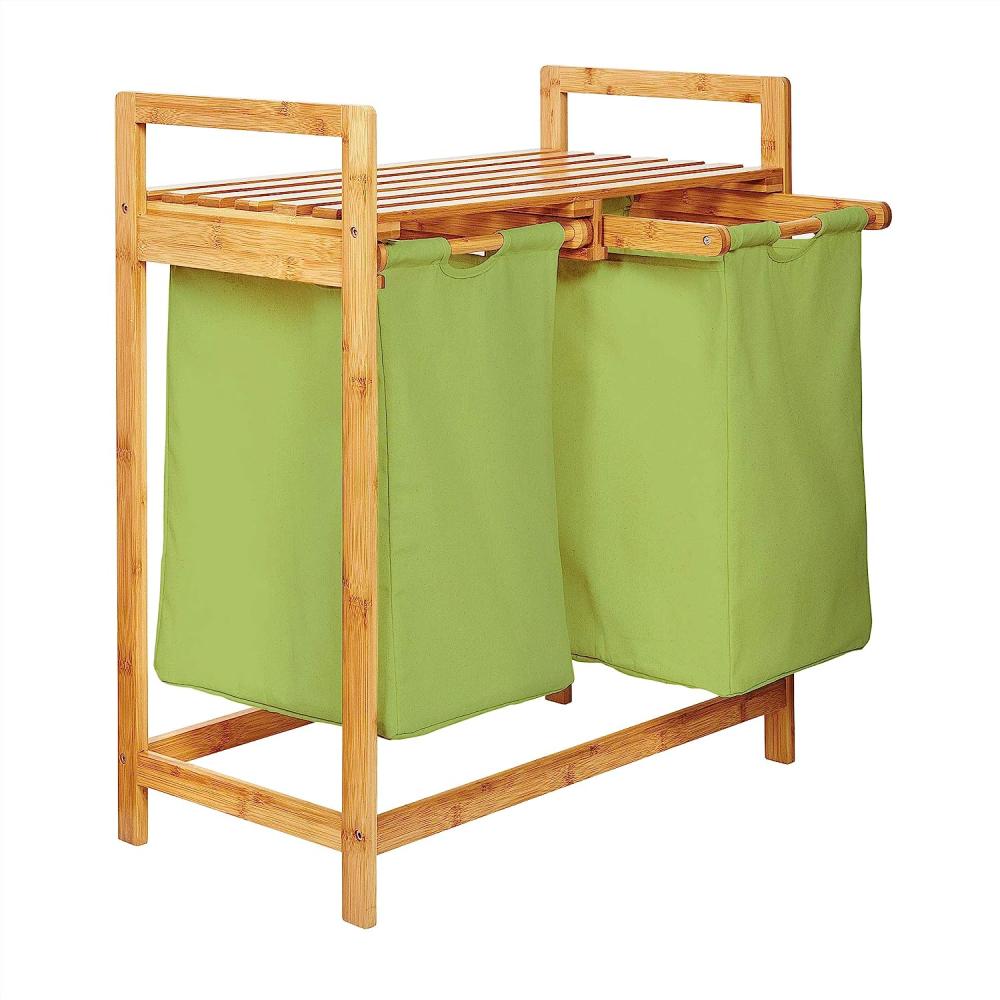 Lumaland Wäschekorb aus Bambus mit 2 ausziehbaren Wäschesäcken - Größe ca. 73 cm Höhe x 64 cm Breite x 33 cm Tiefe - Farbe Grün Bild 1