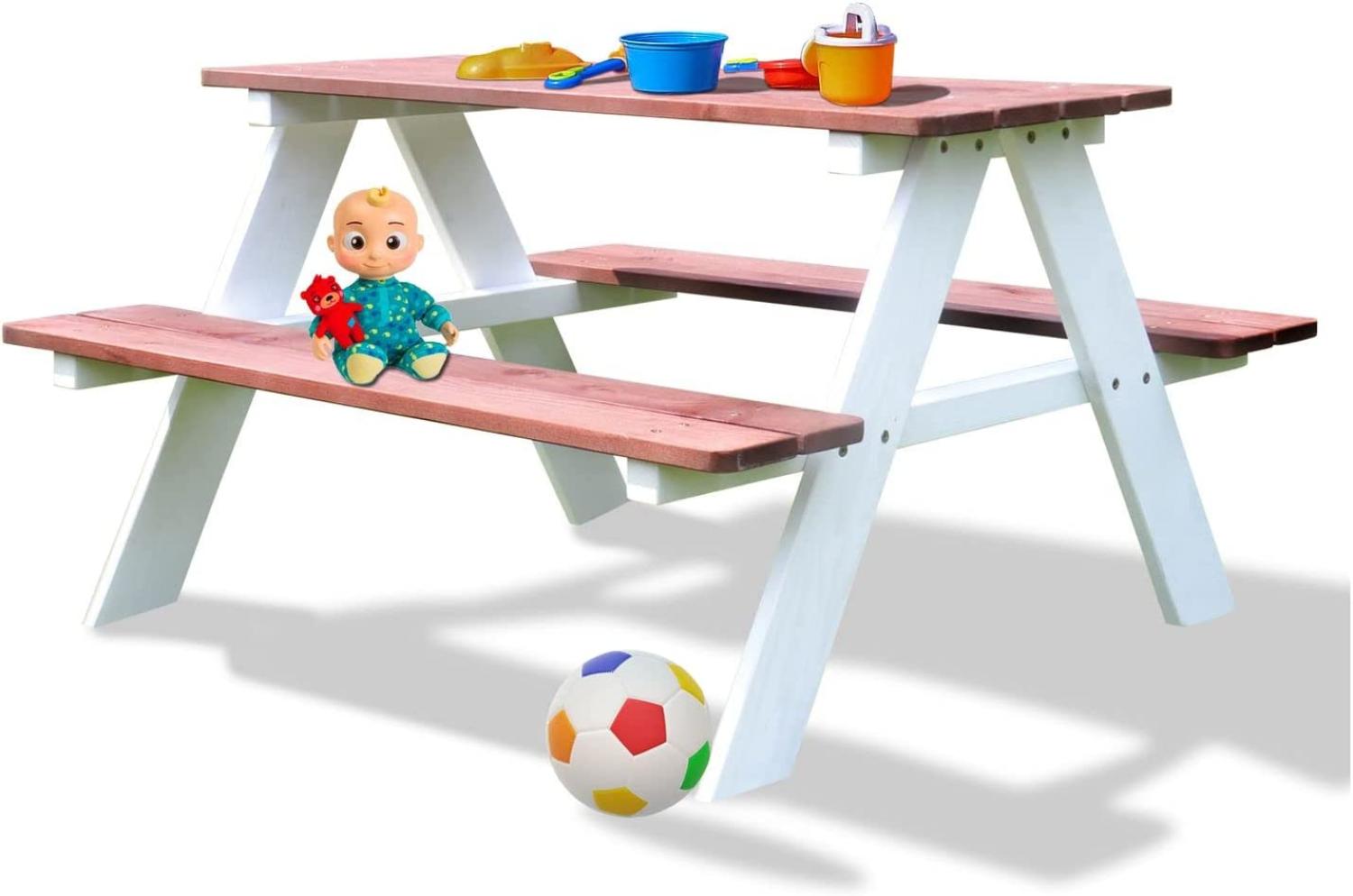 Coemo Picknicktisch Holz Kinder Sitzgruppe Gartentisch Sitzgarnitur Weiß/Teak Bild 1