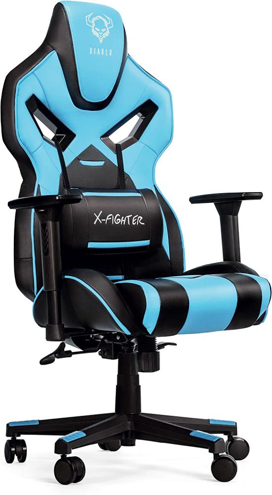 Diablo X-Fighter Gaming Stuhl Bürostuhl Verstellbare Armlehnen 3D Lendenkissen Wippfunktion Kunstlederbezug Perforiert Farbwahl (blau) Bild 1