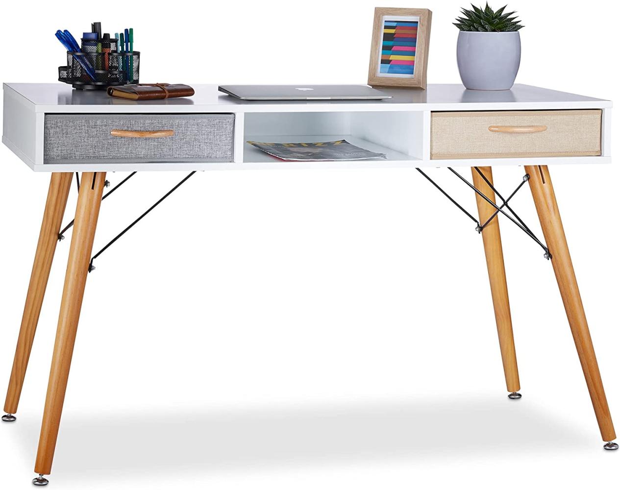 Relaxdays, weiß Schreibtisch, skandin. Design, 3 Fächer, 2 Schubladen, Computertisch HxBxT: ca. 74 x 125 x 60 cm, Holz, Standard Bild 1