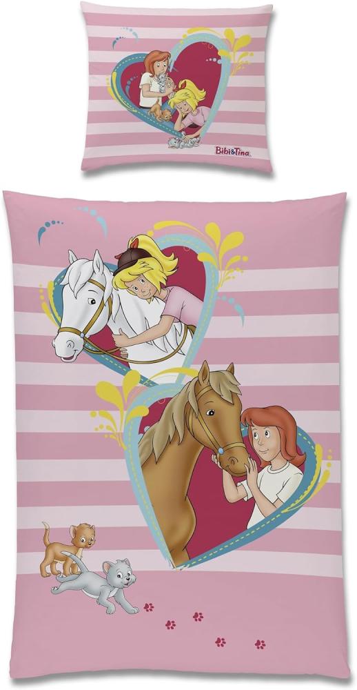 Bibi und Tina Kinderbettwäsche für Mädchen 135x200 80x80 cm Rosa mit Pferden aus 100% Baumwolle Bild 1
