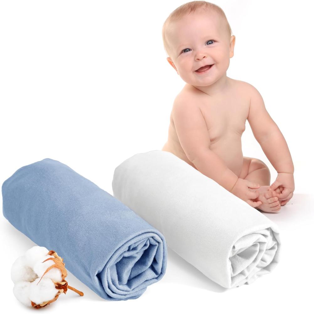 Dreamzie - Spannbettlaken 60x120 Baby 2er Pack - Baumwolle Oeko Tex Zertifiziert - Weiß und Blau - 100% Jersey Spannbettlaken 60x120cm Bild 1