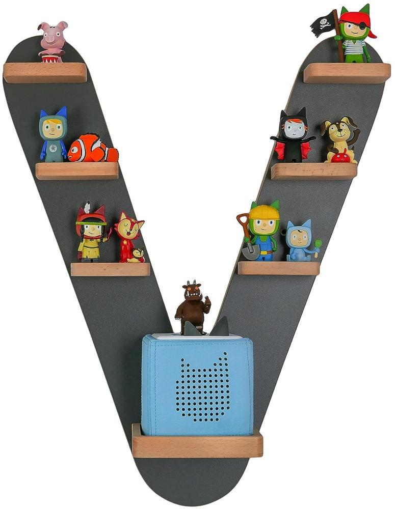 MR TEDDY BEAR Kinderregal Buchstabe V | Holzregal für Toniebox und Tonies | Tonie-Regal hergestellt in der EU | Wandregal zum Spielen und Sammeln | Für Mädchen und Jungen | im V Design in Anthrazit Bild 1