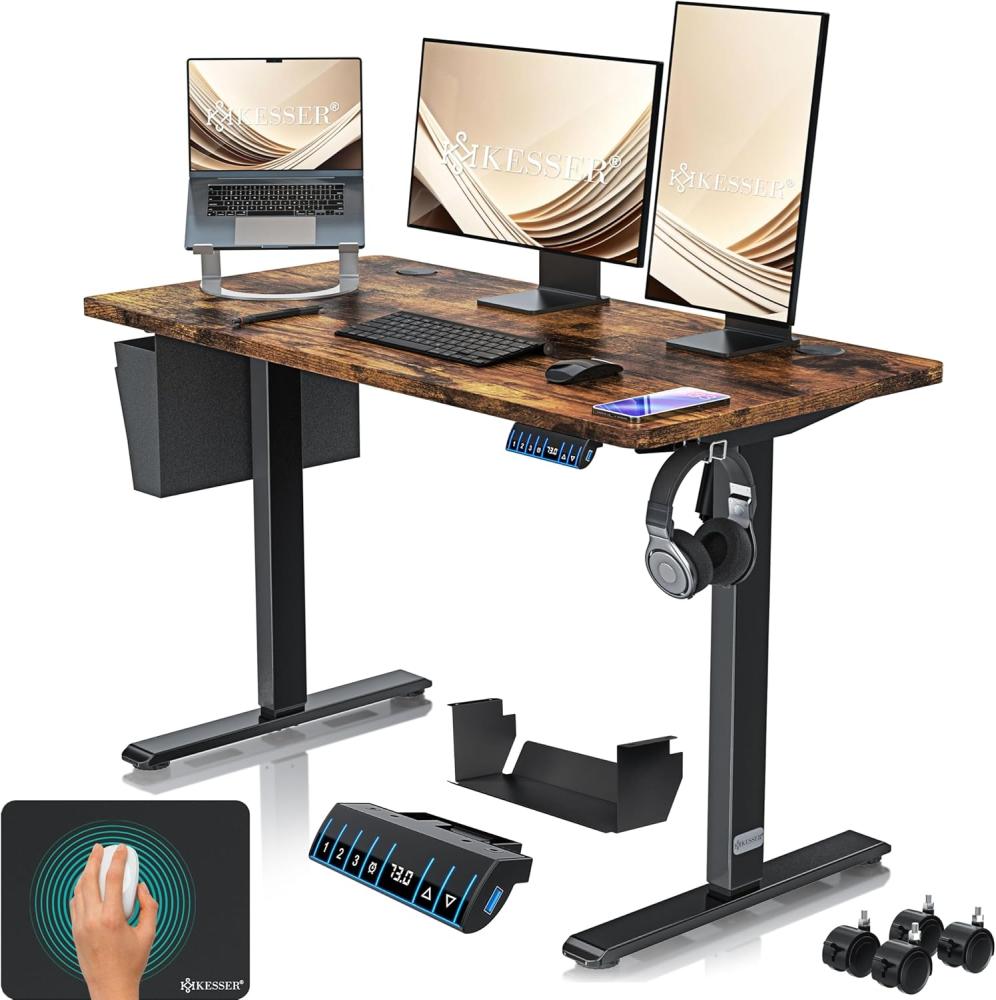 KESSER® Höhenverstellbarer Schreibtisch elektrisch | Ergonomisch Steh-Sitz Schreibtisch | 3-Funktions-Memory Steuerung | Inkl. 360° Rollen & USB-Ladeanschluss | Computertisch für Homeoffice Braun, 120 x 60 cm Bild 1