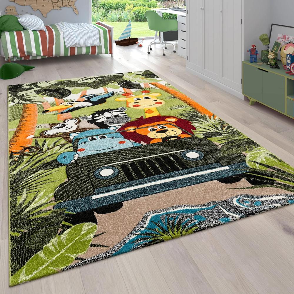 Paco Home Kinderzimmer Kinderteppich für Jungen mit Tier u. Dschungel Motiven Kurzflor, Grösse:140x200 cm, Farbe:Grün 6 Bild 1