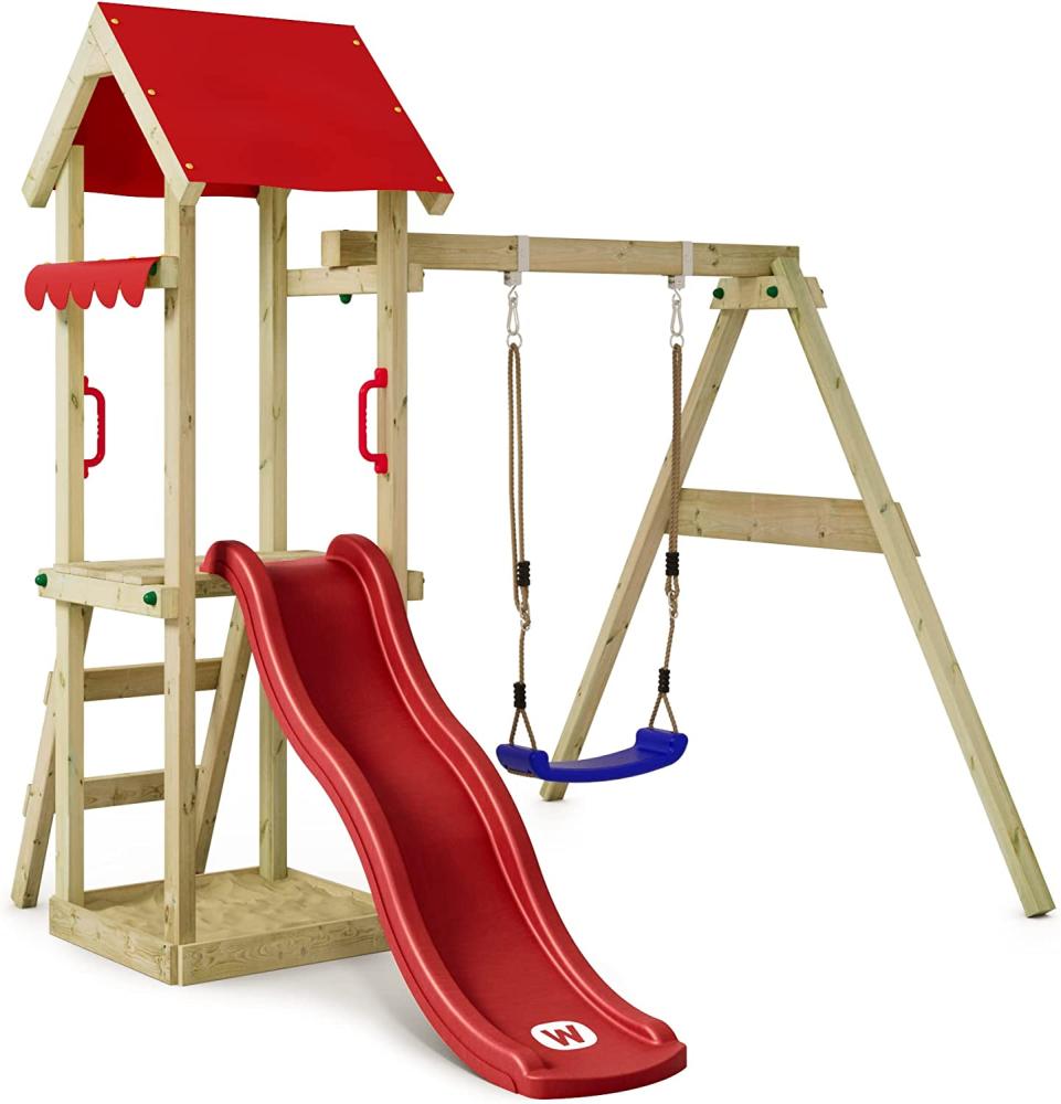 WICKEY Spielturm Klettergerüst TinyWave mit Schaukel & roter Rutsche, Kletterturm mit Sandkasten, Leiter & Spiel-Zubehör Bild 1