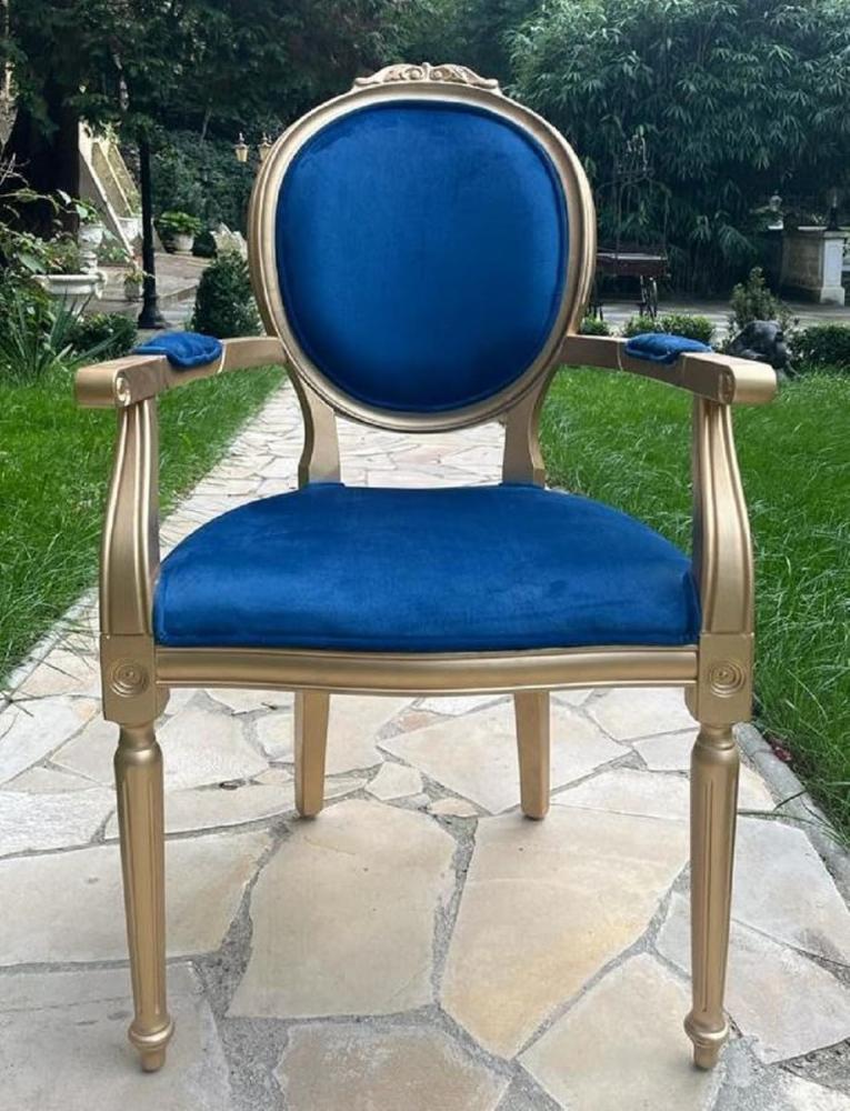 Casa Padrino Luxus Barock Esszimmer Stuhl Blau / Gold - Handgefertigter Antik Stil Stuhl mit Armlehnen und edlem Samtstoff - Esszimmer Möbel im Barockstil Bild 1