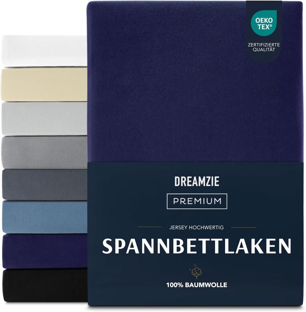 Dreamzie Premium Spannbettlaken 200x200 cm, Spannbetttuch für Dicke Matratzen bis zu 27 cm, Bettlaken 100% Jersey Baumwolle, 150 g/m², Oeko-TEX zertifiziert - Dunkelblau Bild 1