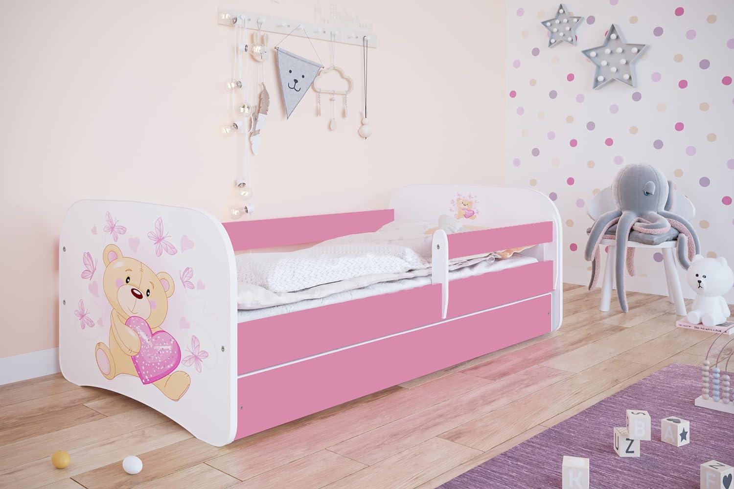 Kocot Kids 'Teddy mit Schmetterlingen' Einzelbett pink/weiß 80x160 cm inkl. Rausfallschutz, Matratze, Schublade und Lattenrost Bild 1