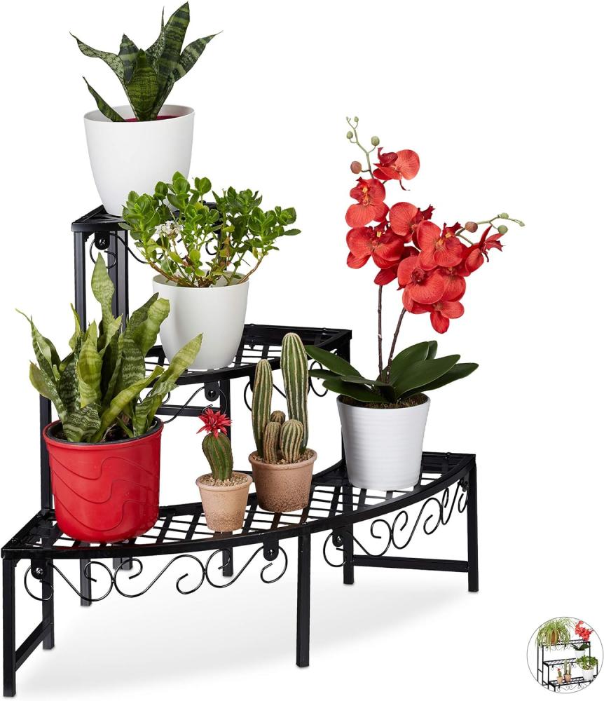Relaxdays Blumentreppe aus Metall, Eck Blumenregal mit 3 Ebenen, halbrund, für den Garten, Balkon oder Terrasse, schwarz, 62 x 83 x 57 cm Bild 1