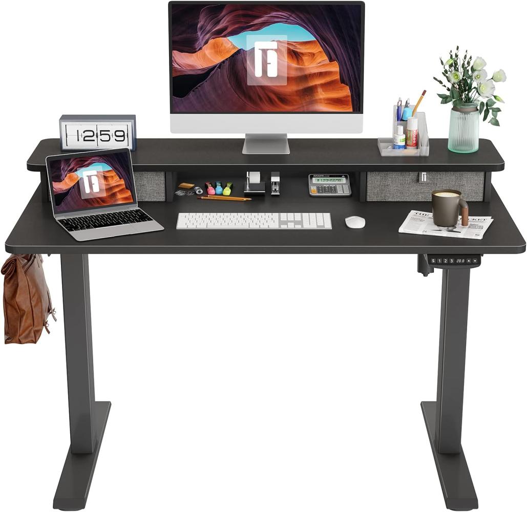 FEZIBO Schreibtisch Höhenverstellbar Elektrisch mit Doppelschubladen, 120 x 60 cm Stehtisch, Stehpult mit Ablagefach, mit Spleißbrett, Schwarzer Rahmen/Schwarze Oberfläche Bild 1