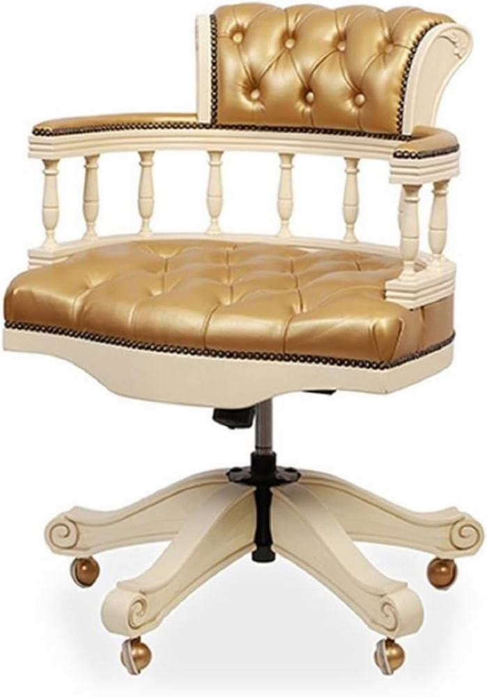 Casa Padrino Luxus Barock Chesterfield Leder Schreibtischstuhl Gold / Creme - Höhenverstellbarer Echtleder Bürostuhl - Büro Möbel - Edel & Prunkvoll Bild 1