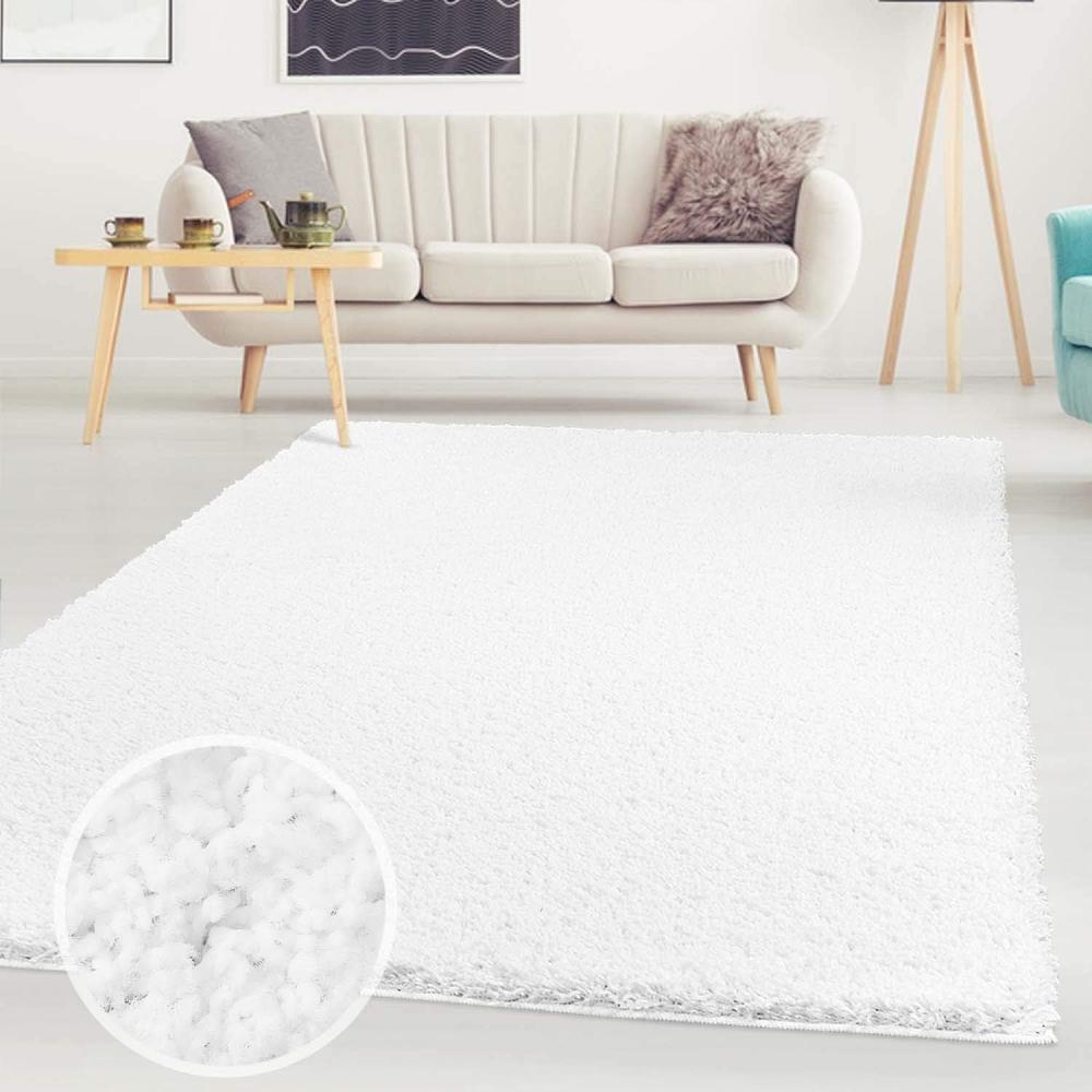 ayshaggy Shaggy Teppich Hochflor Langflor Einfarbig Uni Weiß Weich Flauschig Wohnzimmer, Größe: 200 x 200 cm Quadratisch Bild 1