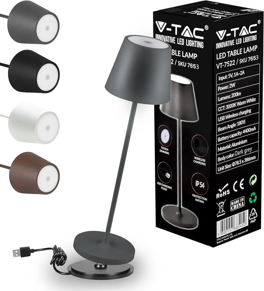 V-TAC Dimmbare LED Tischlampe Kabellos mit Touch-Bedienung - Wiederaufladbar Grau Lampe für den Innen und Draußen - Außenbereich IP54 - Hause Restaurant - 4400-mAh-Akku - Warmweiß 3000K Bild 1