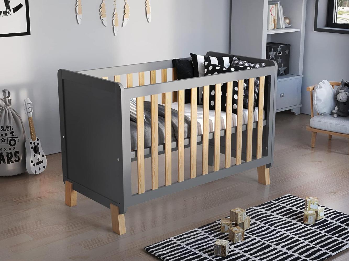 Love For Sleep Babybett,Gitterbett Grau-Kiefer 120x60 cm mit Schaumstoffmatratze Aloe Vera + Sicherheitsbarriere aus Holz Bild 1
