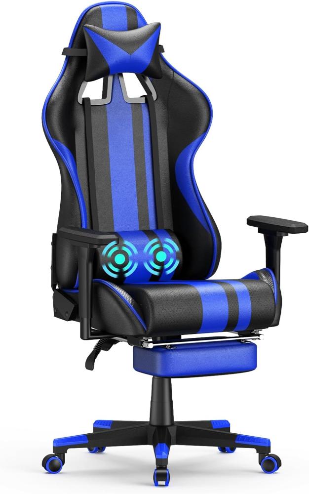 Soontrans Gaming Stuhl Massage, Ergonomisch Gaming Sessel mit Vibration Massagefunktion Lumbalstütze, Fußstütze & Kopfstütze, Gepolstertes Leder, Gamer Stuhl für YouTube Livestreaming Xbox (Blau) Bild 1