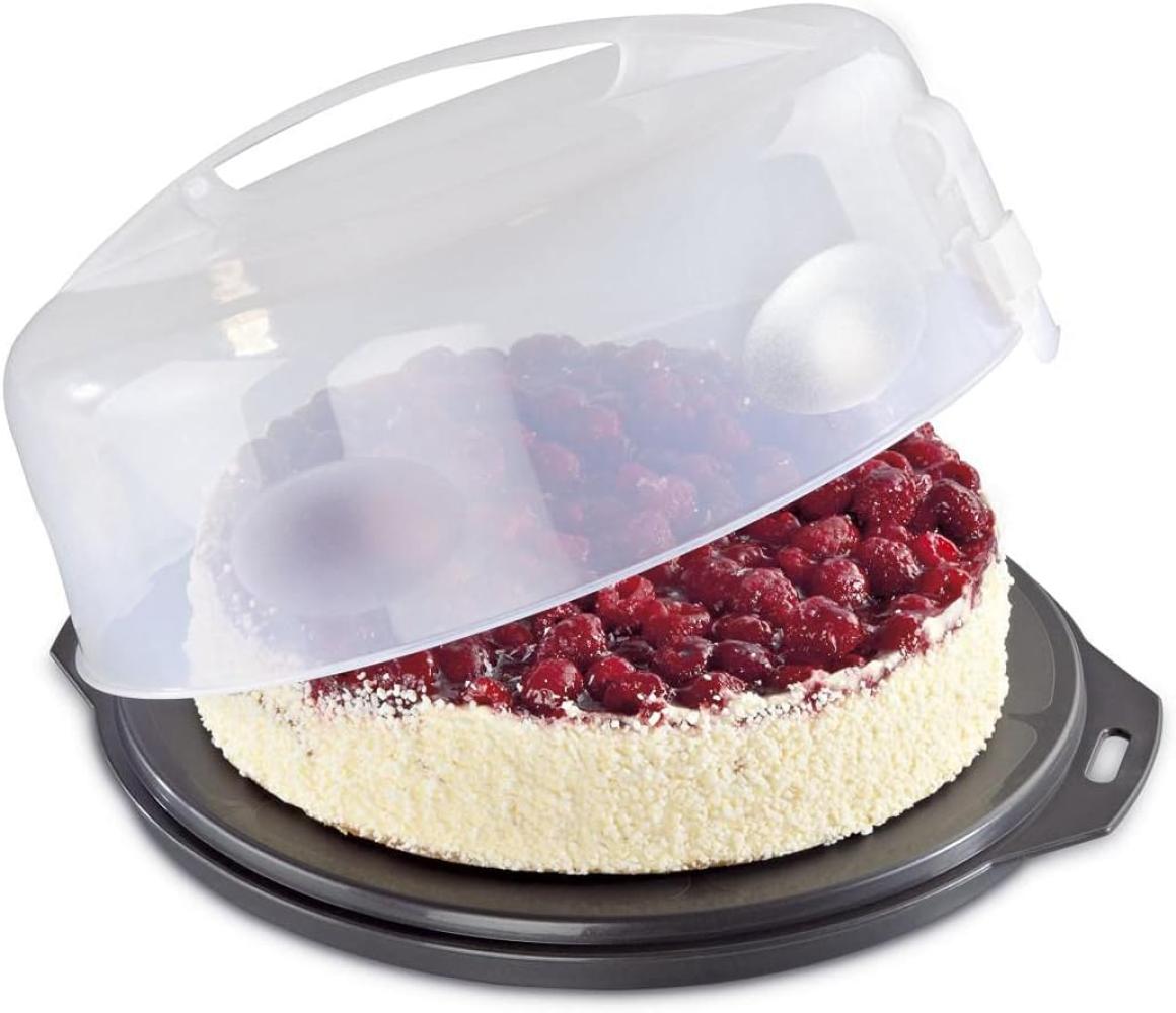Xavax Kuchen-Transportbox rund mit Deckel Kuchenbehälter 31,5 cm Durchmesser, Innenhöhe 8 cm,Kuchenbox mit Stückeinteilungshilfe,Tortenplatte anthrazit, Transparent Bild 1