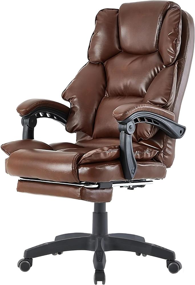 Bürostuhl mit Fußstütze und flexiblen 3-Punkt-Armlehnen ergonomischer Schreibtischstuhl im Lederoptik-Design mit einer verstellbaren Rückenlehne für gesündere Sitzhaltung Dunkelbraun Bild 1