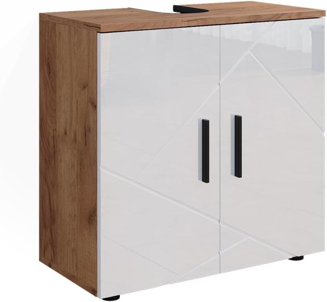 Vicco Waschtischunterschrank Waschbeckenunterschrank Irma Eiche Weiß Hochglanz modern 60x59 cm Badezimmer Schrank Badschrank Badkommode Badmöbel 2 Türen Bild 1