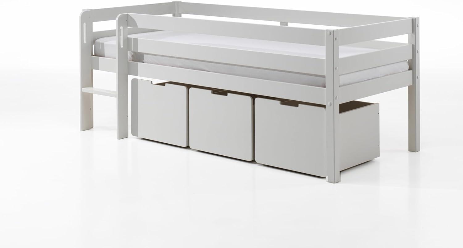 Kojen-Spielbett mit Liegefläche 90 x 200 cm, inkl. Leiter, Rolllattenrost und 3 Schubkästen, Kiefer und MDF weiß lackiert Bild 1