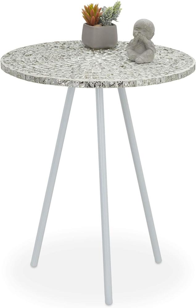 Relaxdays Mosaik-Beistelltisch, rund, kunstvoller Schminktisch, handgefertigt, einzigartig, H x T: 50 x 41 cm. Weiß, 50 x 41 x 41 cm. Bild 1
