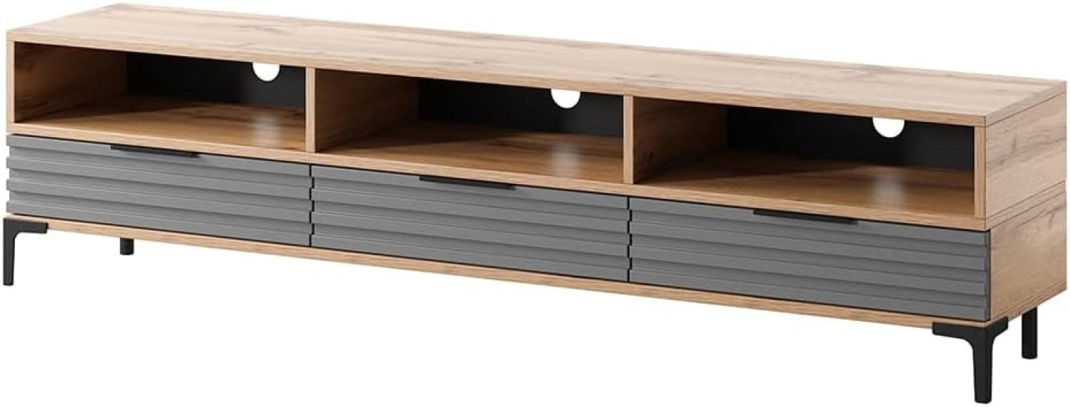 Selsey RIKKE - TV-Lowboard/TV-Tisch mit 3 offenen und 3 geschlossenen Fächern, 160 cm breit (Wotan Eiche Matt/Grau Hochglanz mit LED) Bild 1